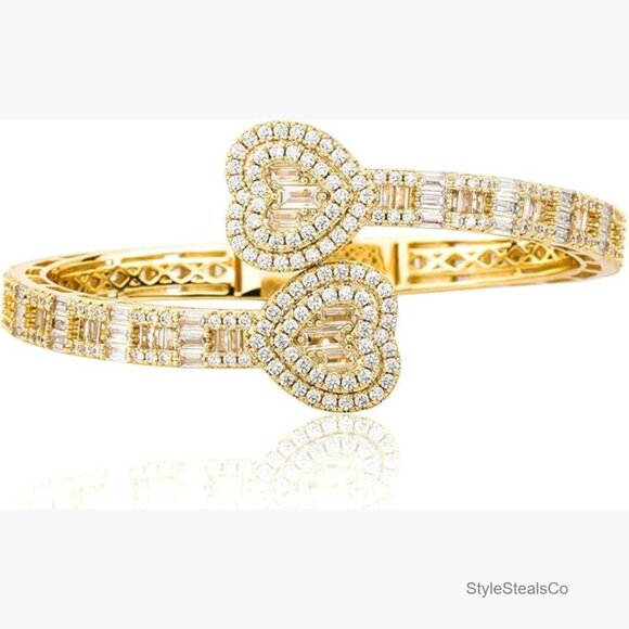 Adjustable Heart Cuff Bracelet Cubic Zirconia Iced Out Bangle for Women Men